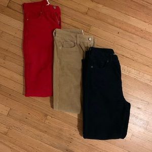 Corduroy pants red, cream and dark green.